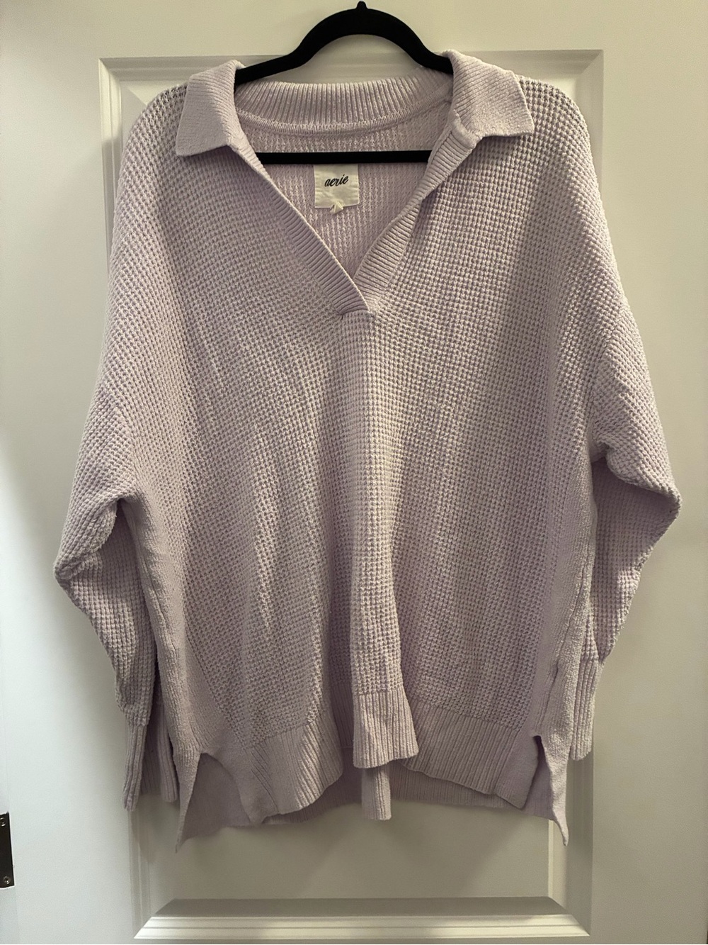 aerie Lavender Waffle-Knit Collared V-Neck Sweater
